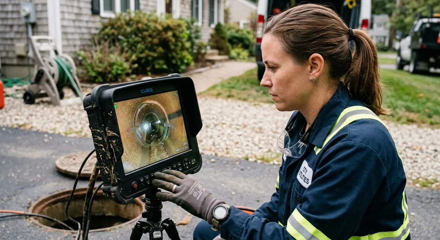 Technician reviewing sewer camera inspection footage in Lake of the Pines