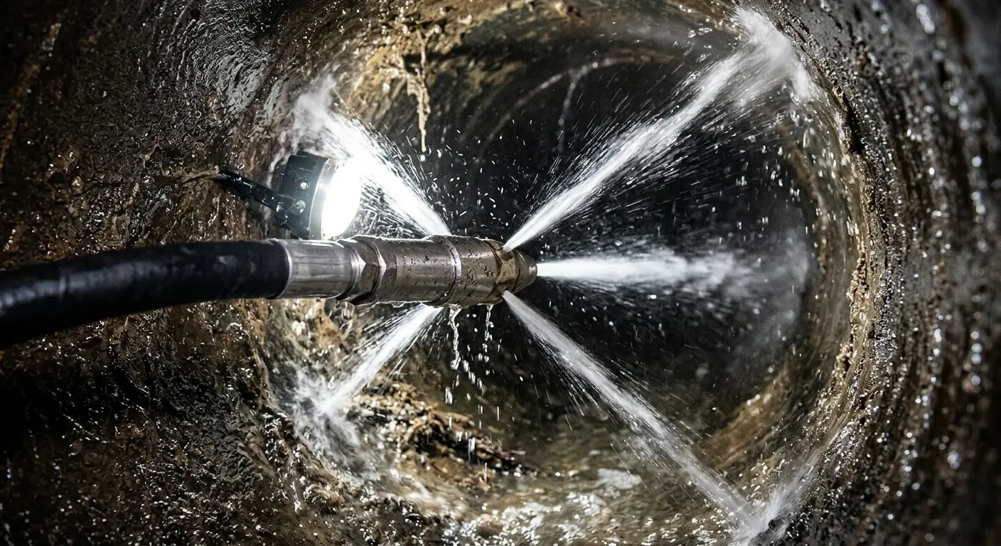 High-pressure hydro jetting nozzle cleaning sewer pipe for Storm Drain Cleaning in Lake of the Pines