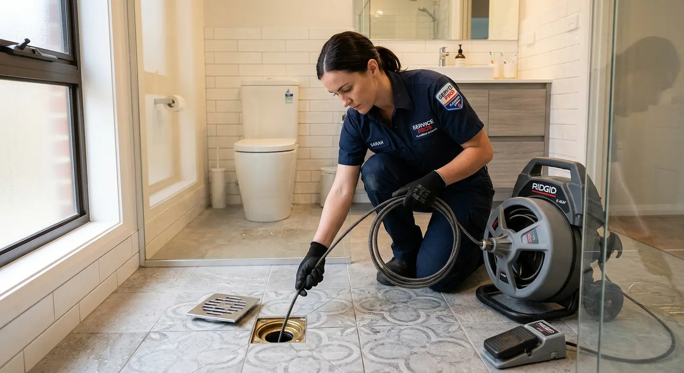 Technician clearing a bathroom floor drain for Clogged Drain Repair in Lake of the Pines